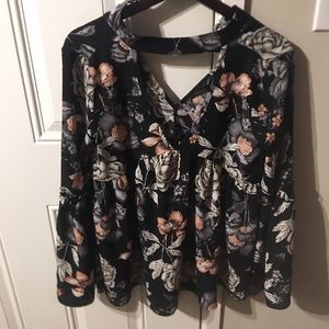 Peplum bell sleeve plunging blouse pink floral